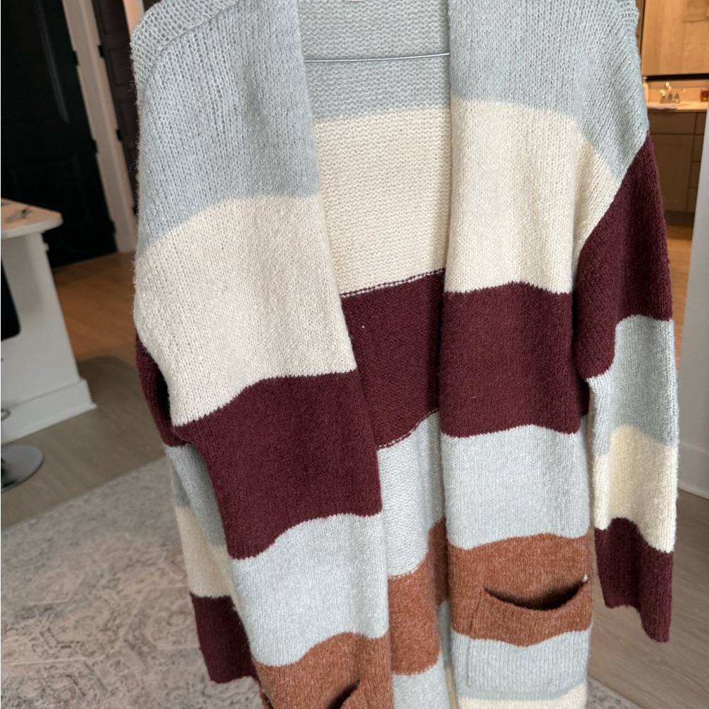 Knox Rose Women's Striped Sweater - Cream, Burgundy, and Brown